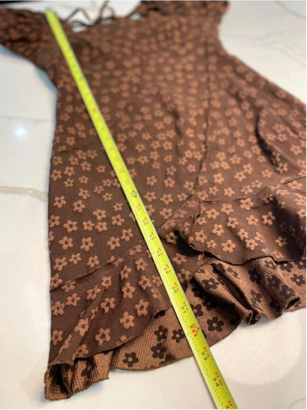 STORIA Brown Floral Babydoll Mini Dress L Puff Sleeves Fairy Grunge Asymmetric - Picture 9 of 9